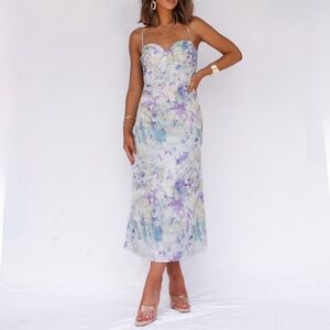 Mystic Floral Watercolor Midi Dress with Sweetheart Neckline